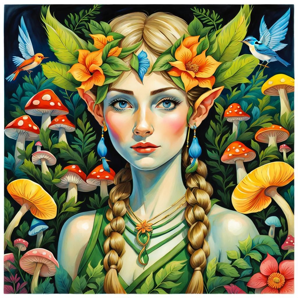 Forest Elf Portrait with Birds in Watercolor