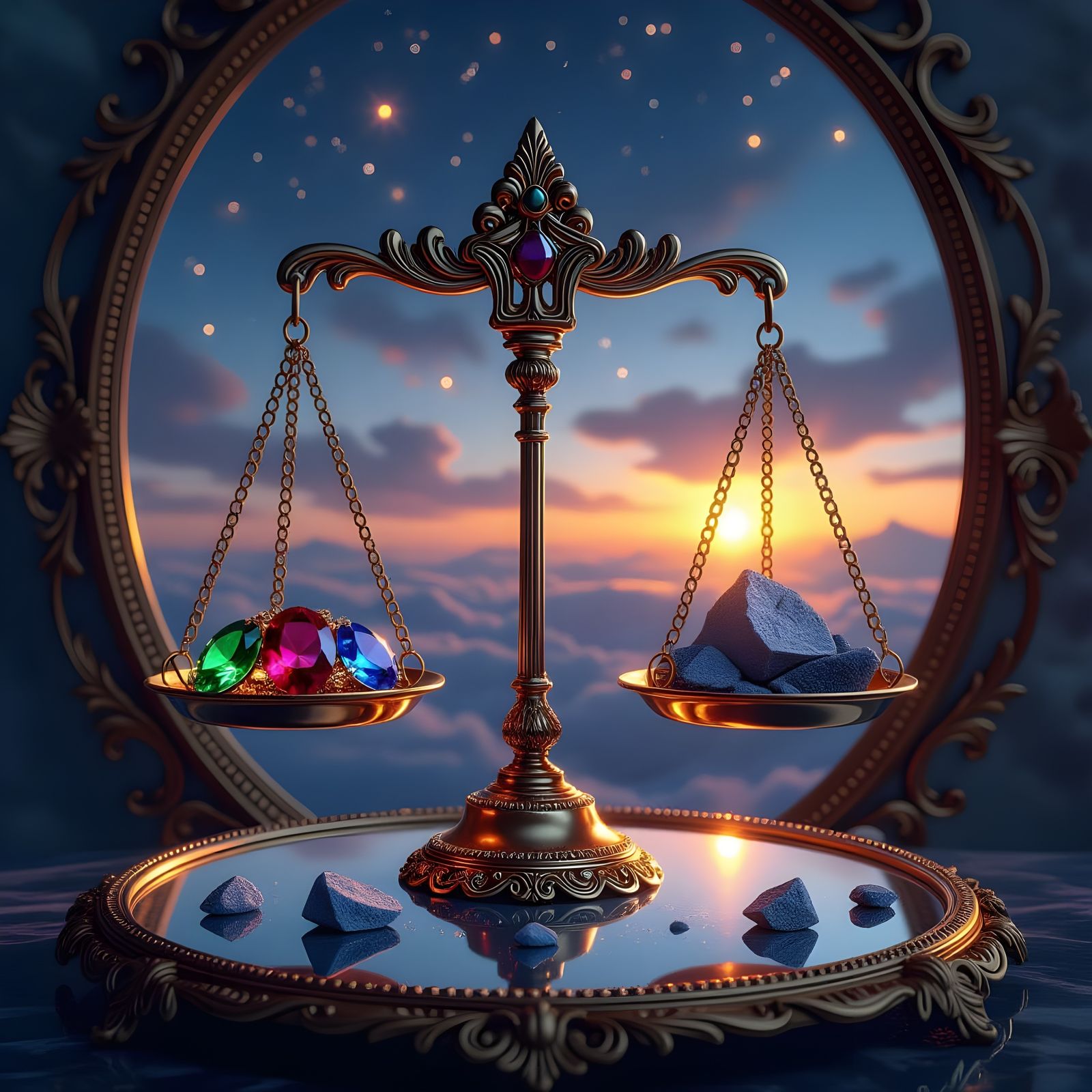 Ornate Golden Scale Balancing Gemstones and Weathered Stones