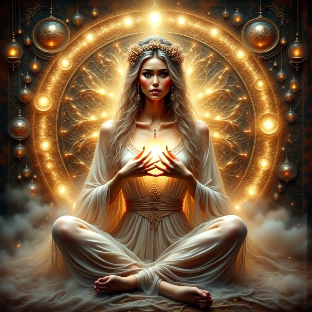 Serene Woman in Mandala: Antique Watercolor Art