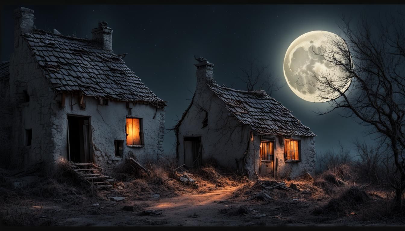 Ghosts Wander an Abandoned Village Under the Moon