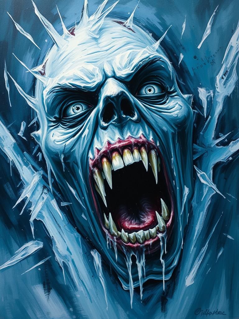 A chilling dark fantasy painting depicting a grotesque face frozen in a scream.