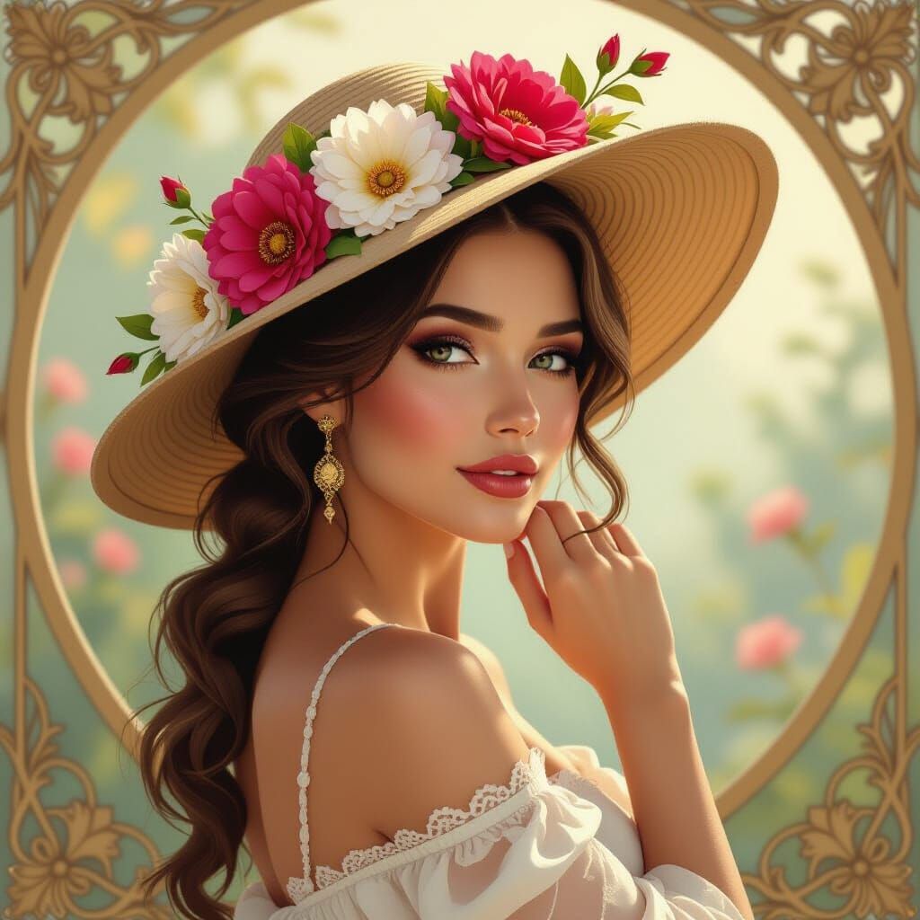 Elegant Woman with Floral Hat, Digital Art Nouveau Style