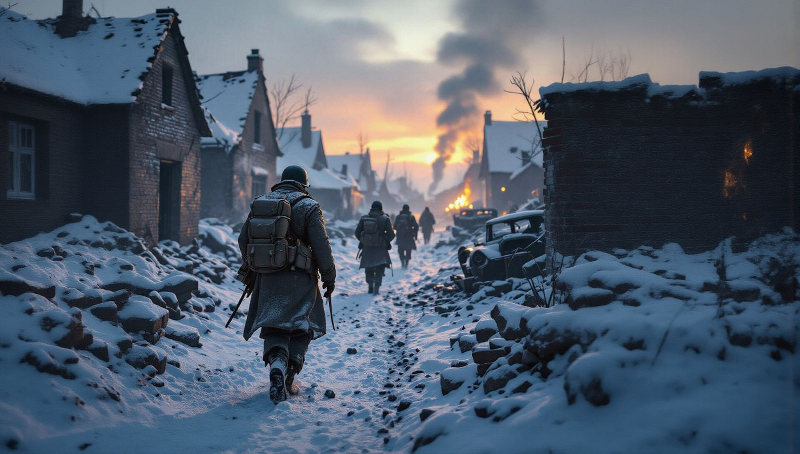 WWII Soldiers in Snow-Covered Village at Dawn