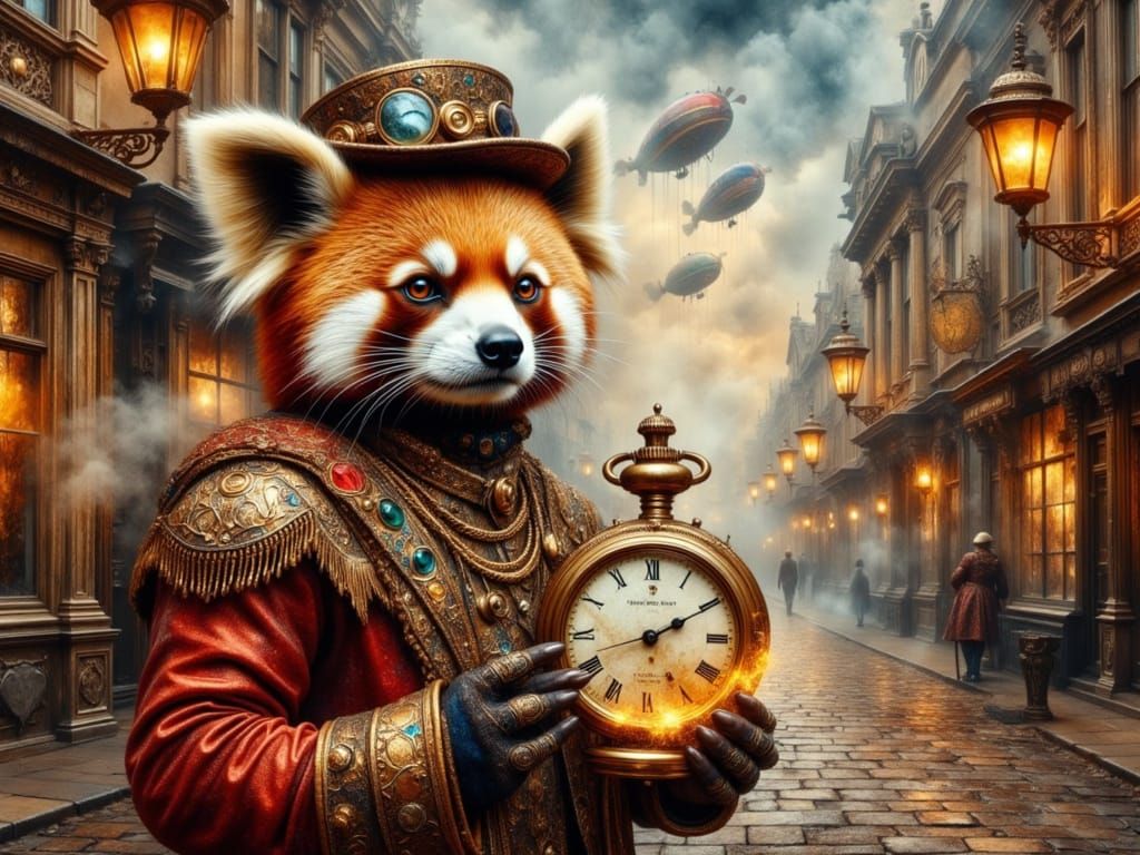 Steampunk Red Panda with Glowing Pocket Watch
