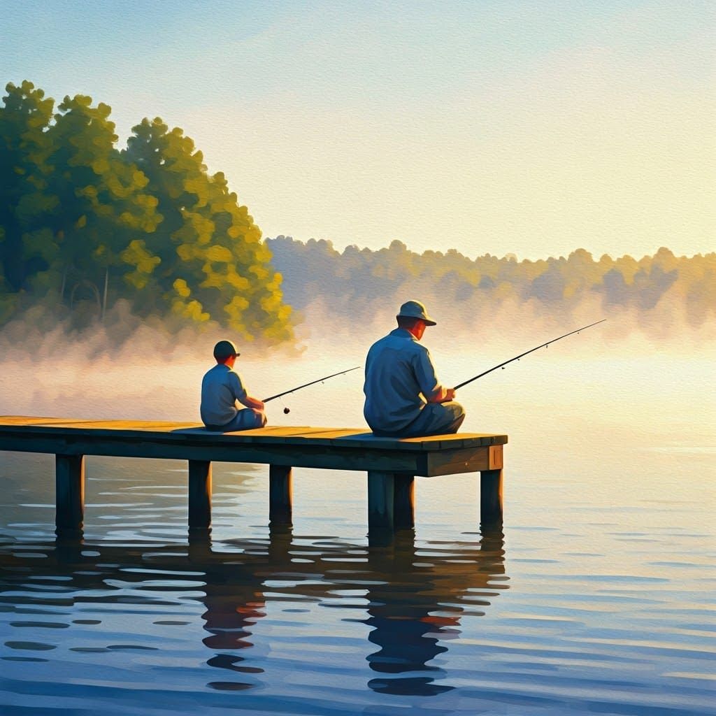 Father and Son Fishing: Impressionistic Watercolor Painting