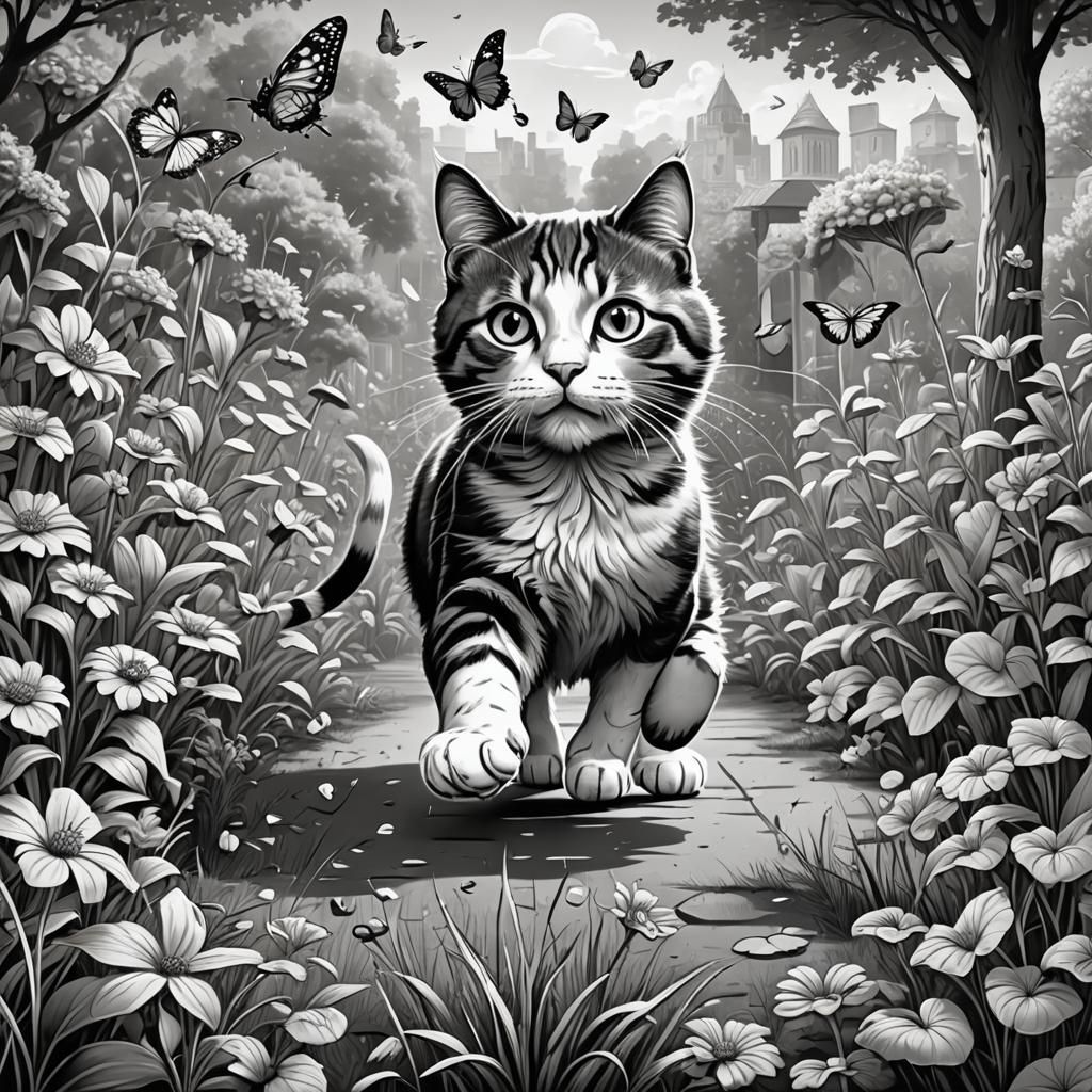 Playful Cat Chasing Butterfly: Coloring Page for Kids