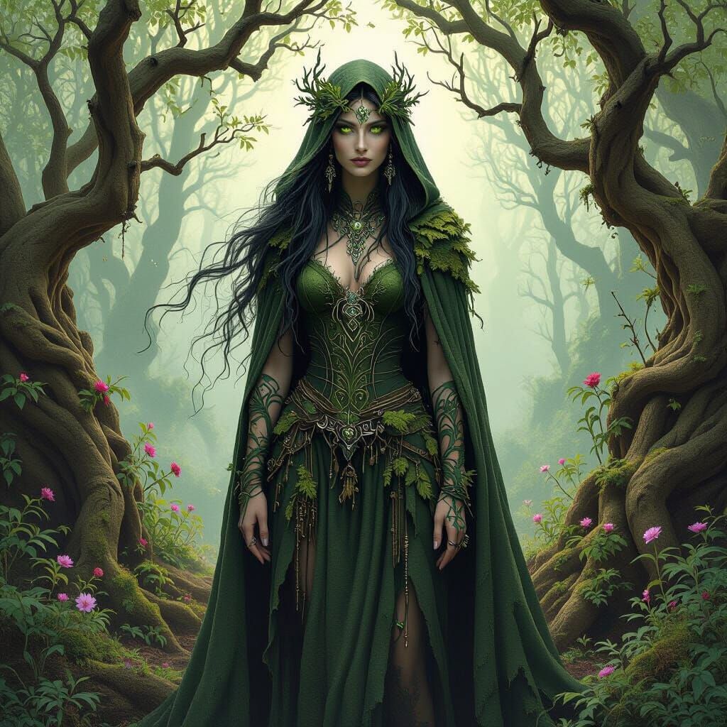 Forest Witch with Emerald Eyes in Art Nouveau Style