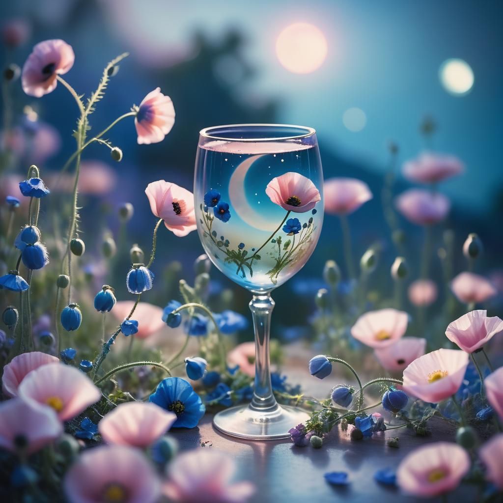 Pink Crescent Moon with Flowers in Ethereal Style