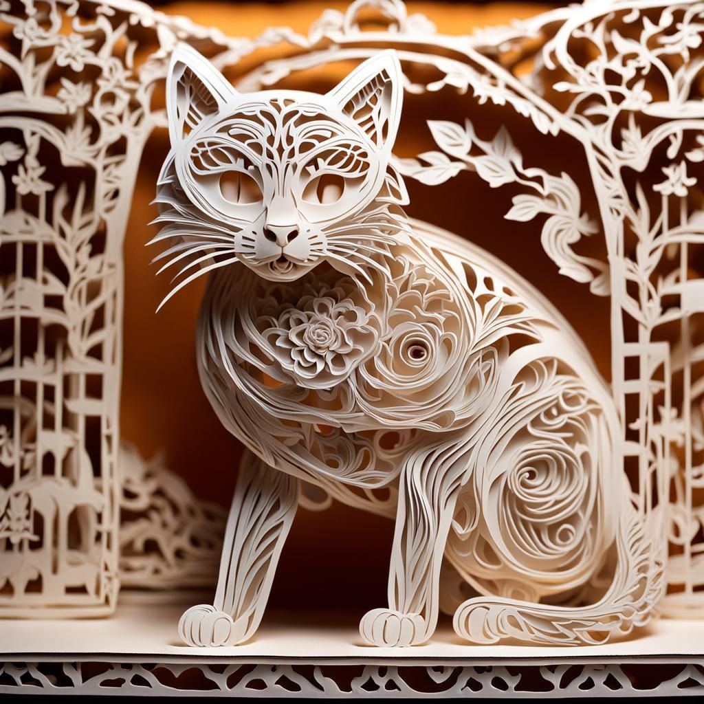 Hyperrealistic Kirigami Cat: Intricate Paper Art