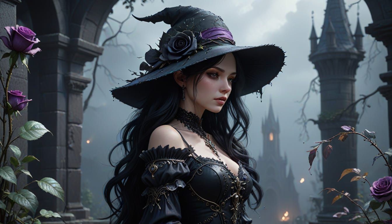 Gothic Anime Girl with Black Rose in Ethereal Style