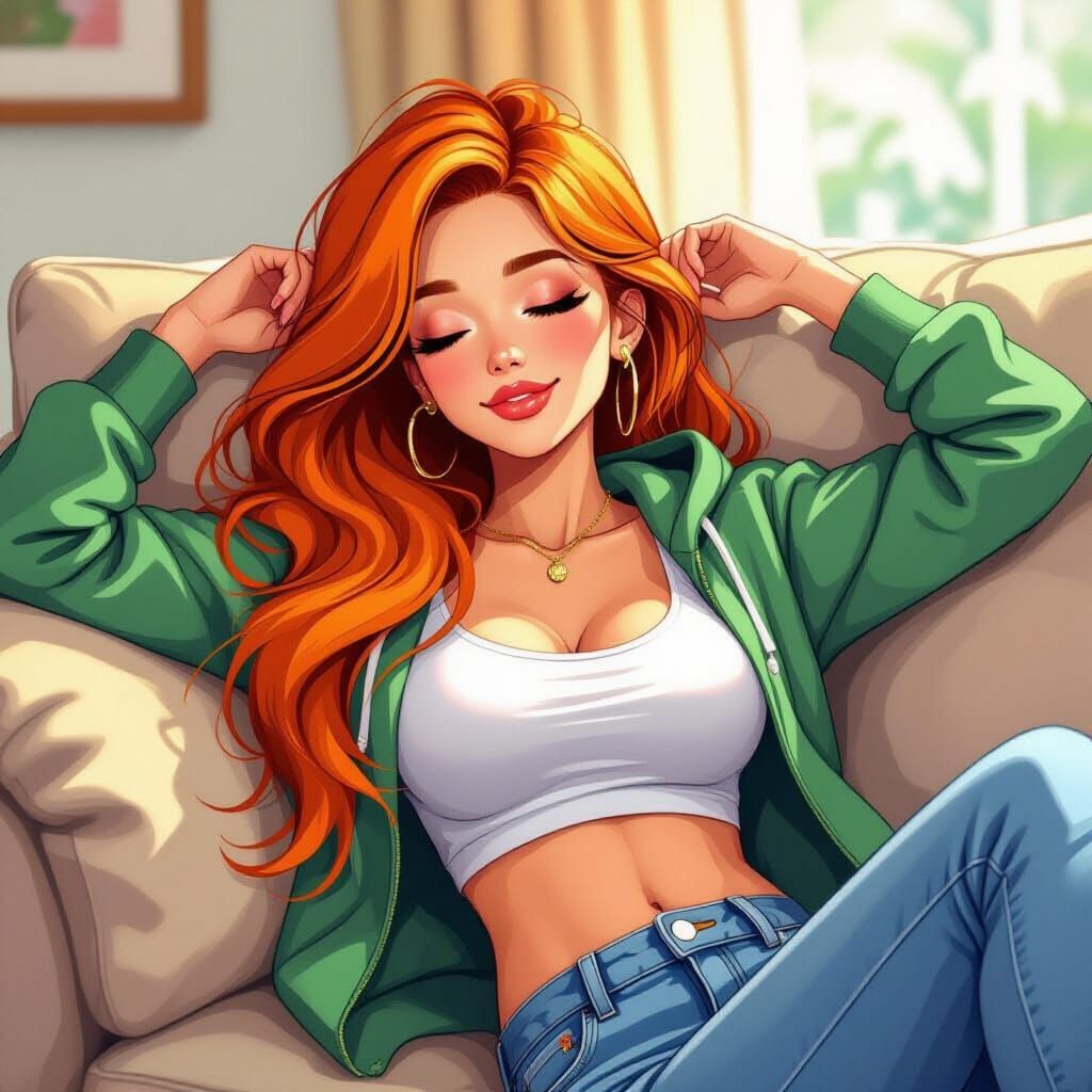 Woman with Orange Hair Sleeping: Stylized Illustration