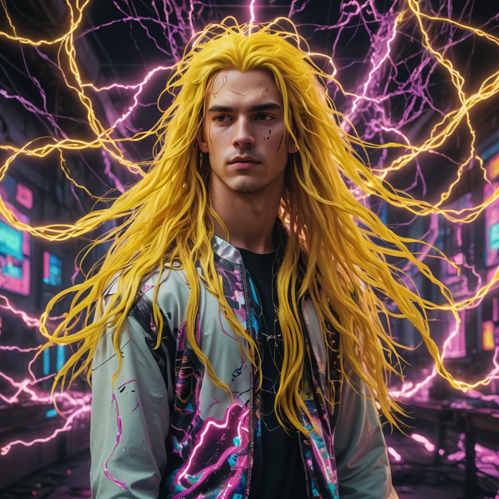 Vaporwave Young Man with Yellow Hair