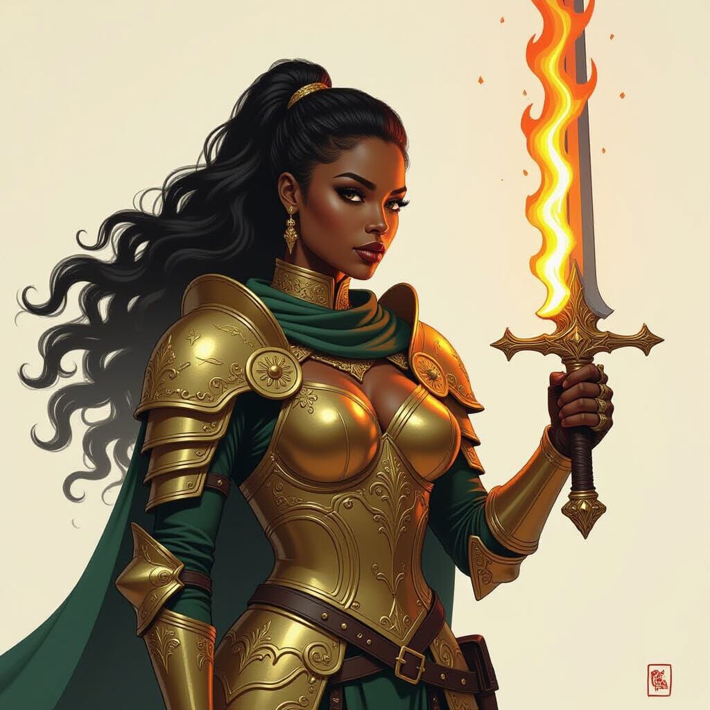 African Knight with Flaming Sword in High Fantasy Style