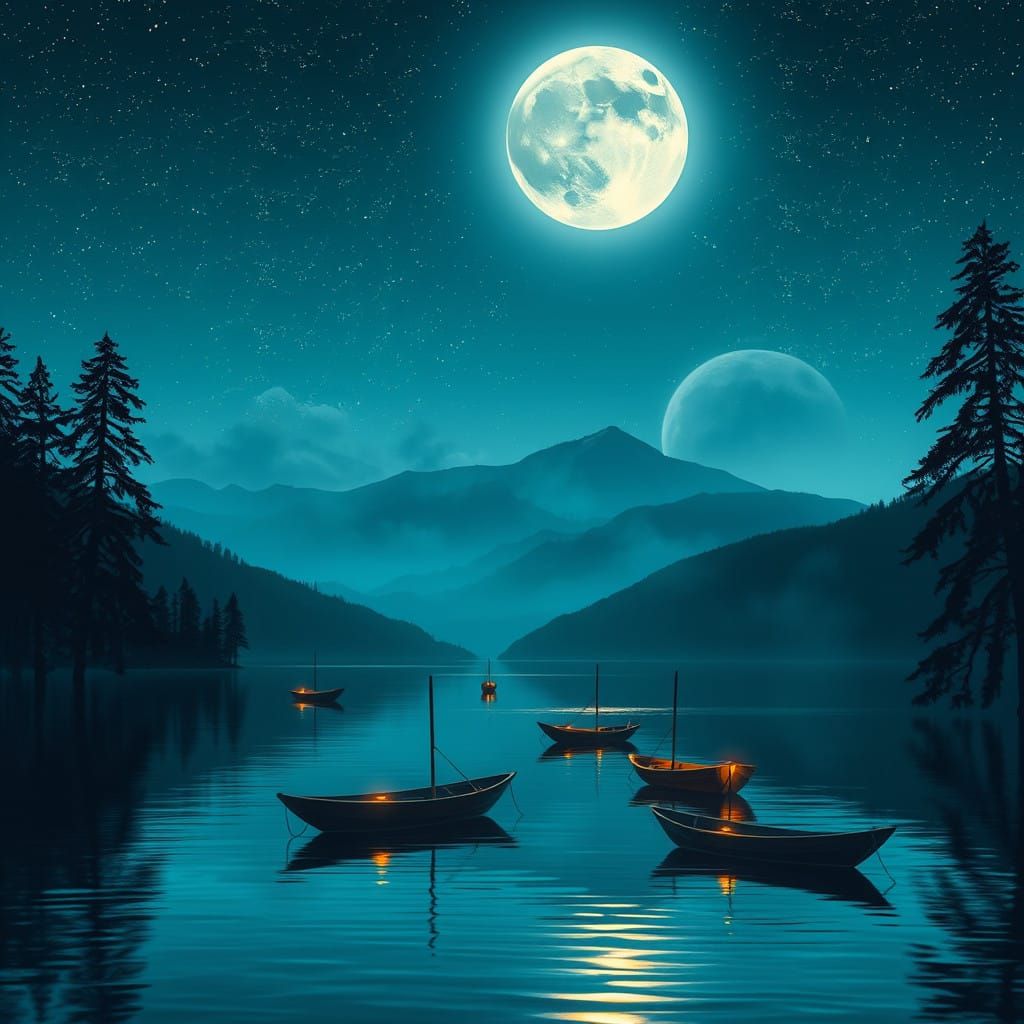 Ethereal Nocturnal Lakeside Scene in Whimsical Art Style