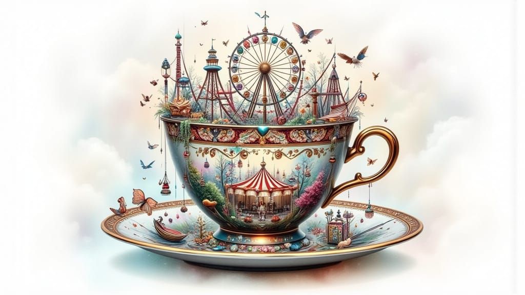 Miniature Amusement Park in Teacup: Watercolor Ink