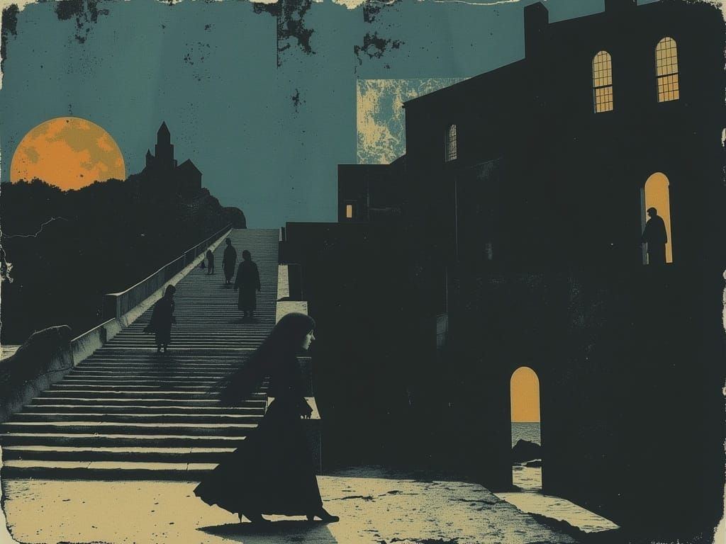 Ethereal Dancer on Gothic Stairway, Surreal Dreamscape