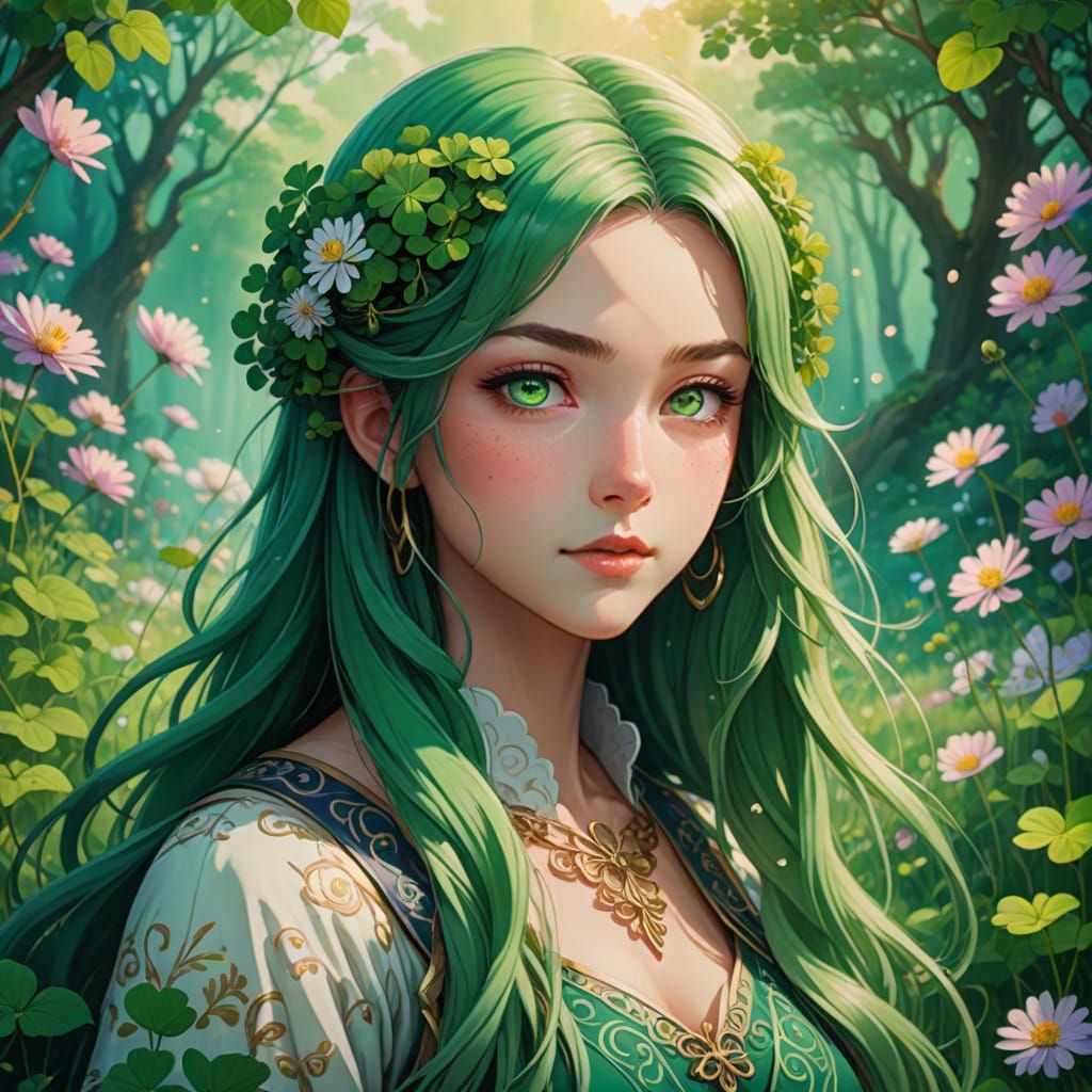 Anime Goddess of Clovers in Whimsical Meadown