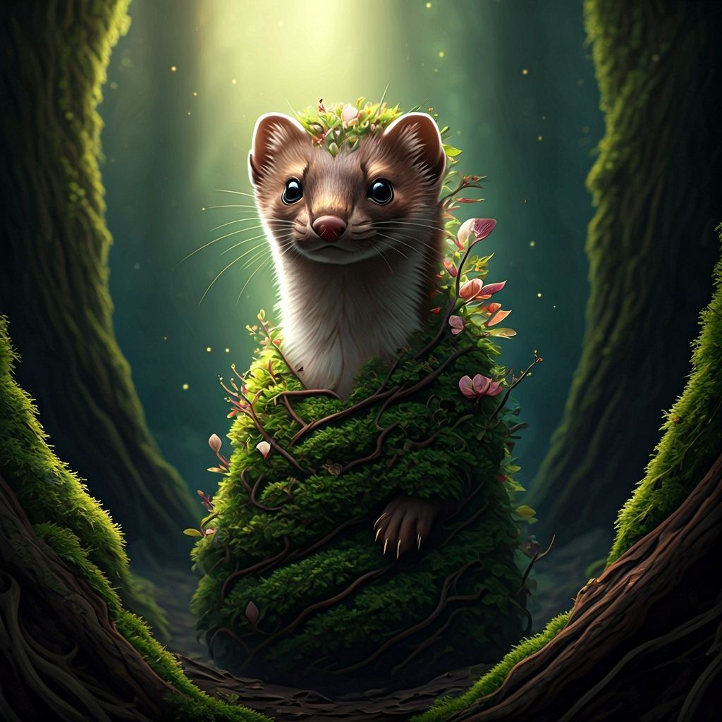 Mystical Weasel with Blossoms in Ethereal Forest