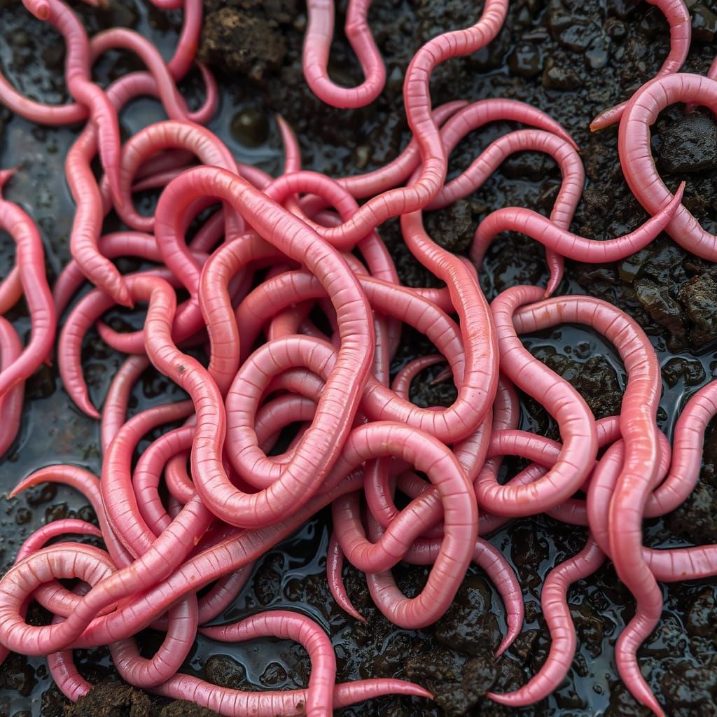 Surreal Scene of Pink Earthworms in Hyper-Realistic Detail