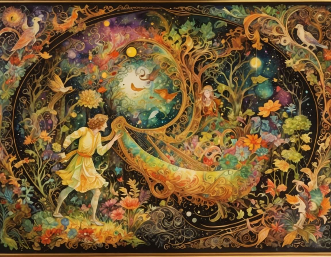 Orpheus Plays Harp in Vibrant Watercolor Abstract