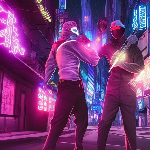 Masked Vigilantes Duel in Cyberpunk Film Noir
