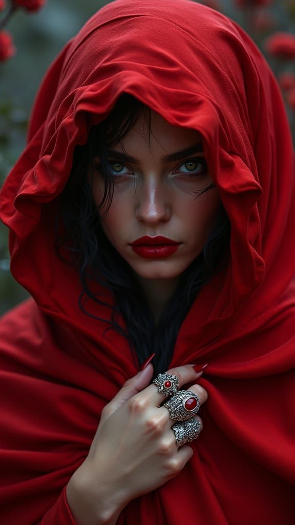 Mysterious Woman in Crimson Fabric: A Hyper-Stylized Portrai...