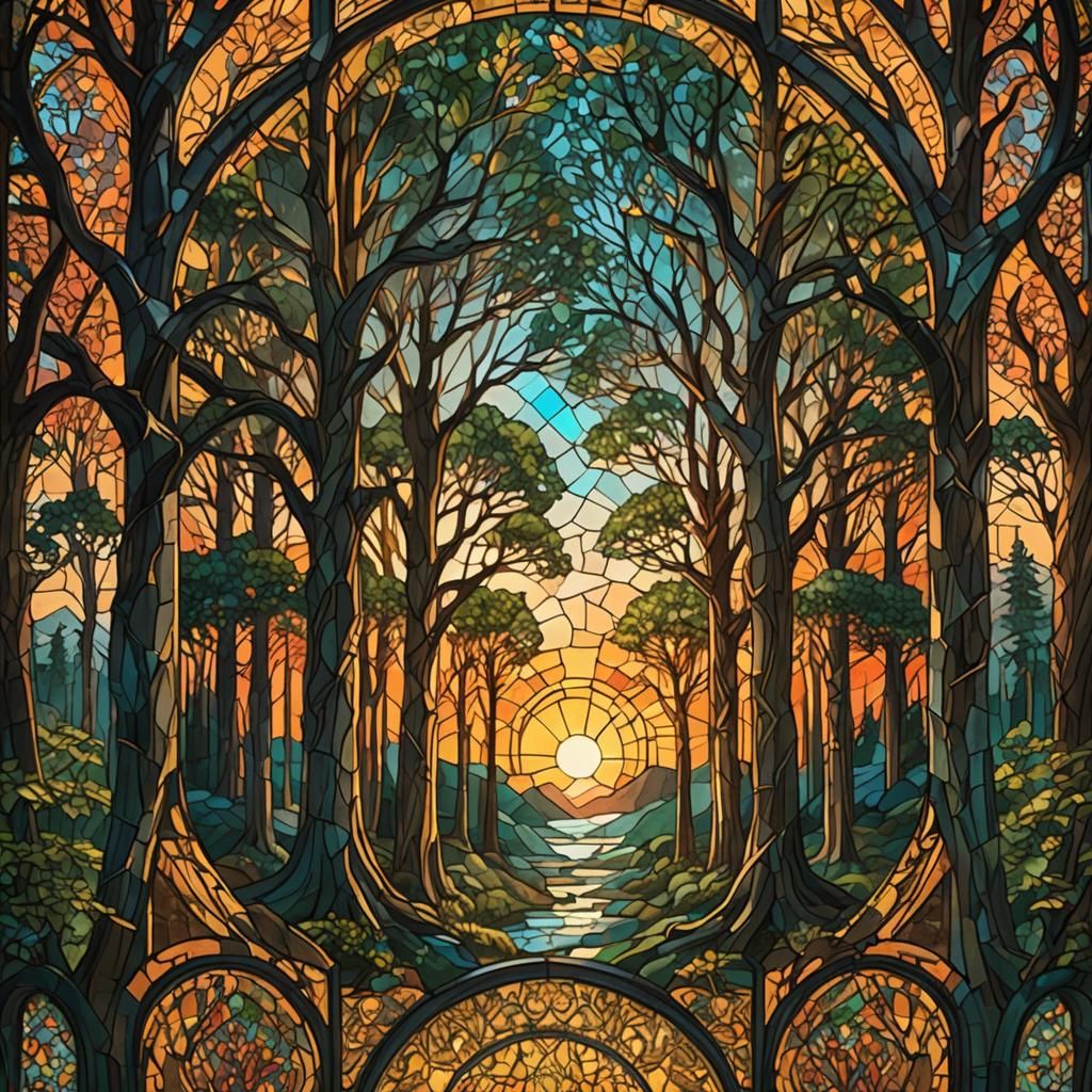 Stained Glass Forest at Sunset in Art Nouveau Style