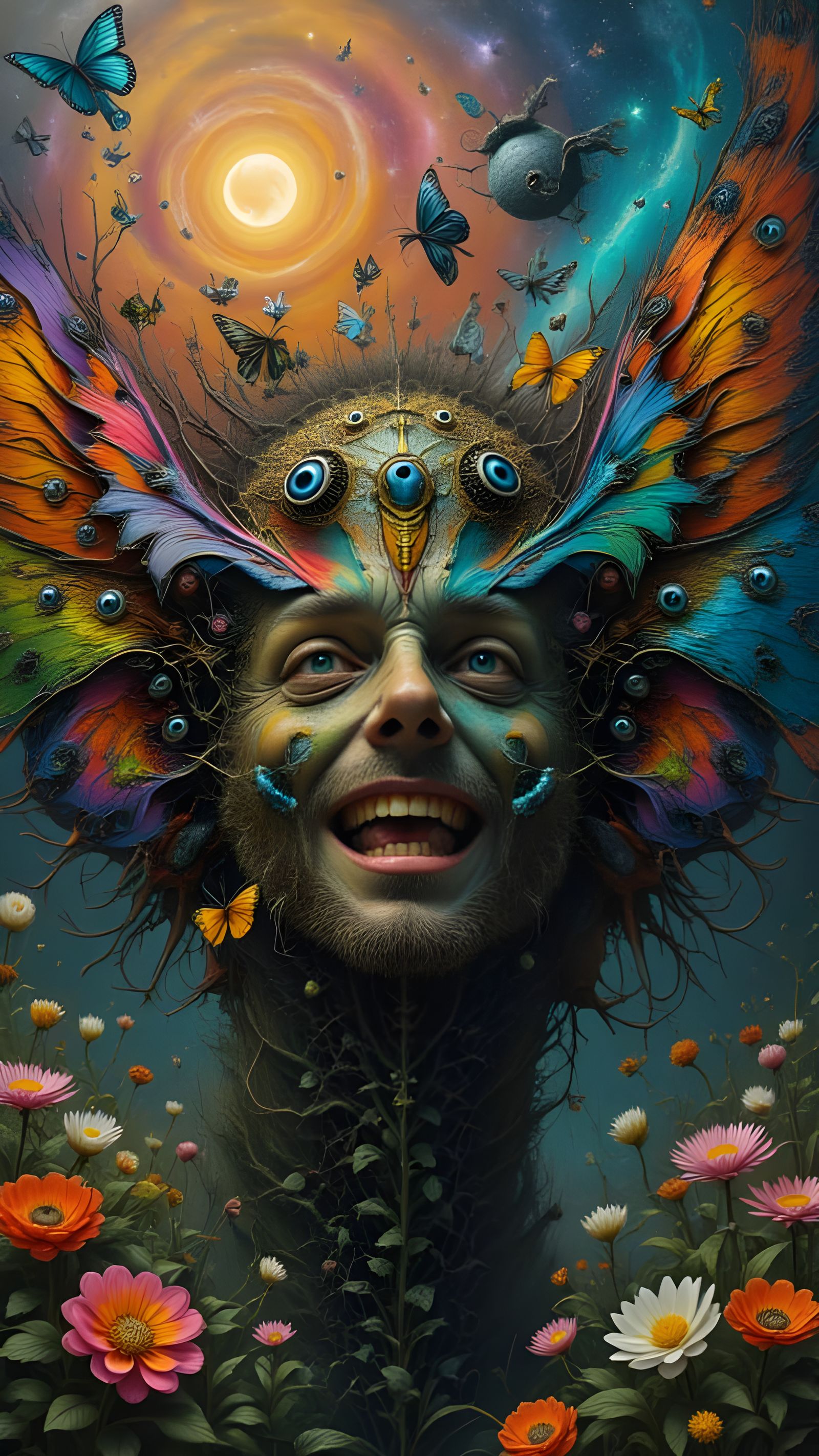 Man's Face Fractured into Butterfly Wings with Miniature Eye...