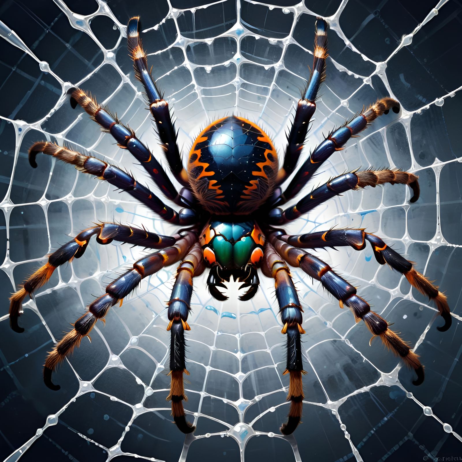 Cyborg Tarantula on Spiderweb in Dystopian Future