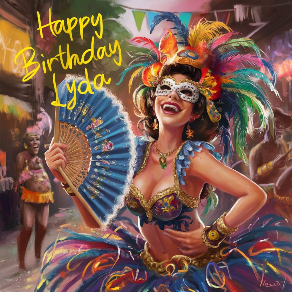 A Funny FeMale character celebrating carnaval, text saying "...