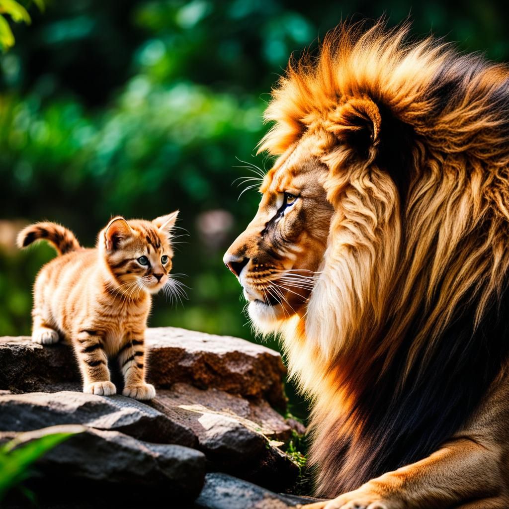 Tiny Kitten Admires Big Lion in Nature