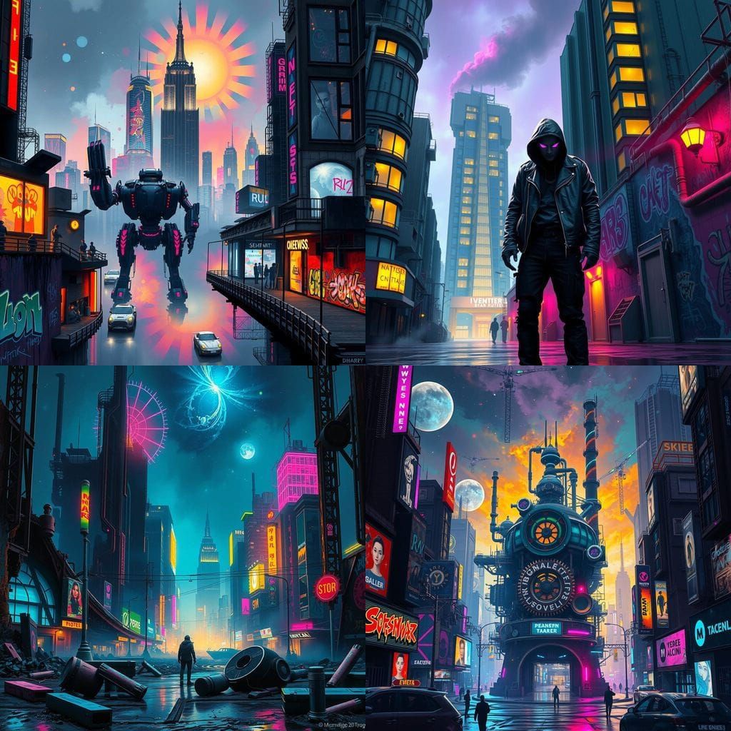 Neon-Lit Cyberpunk Cityscape in High Contrast