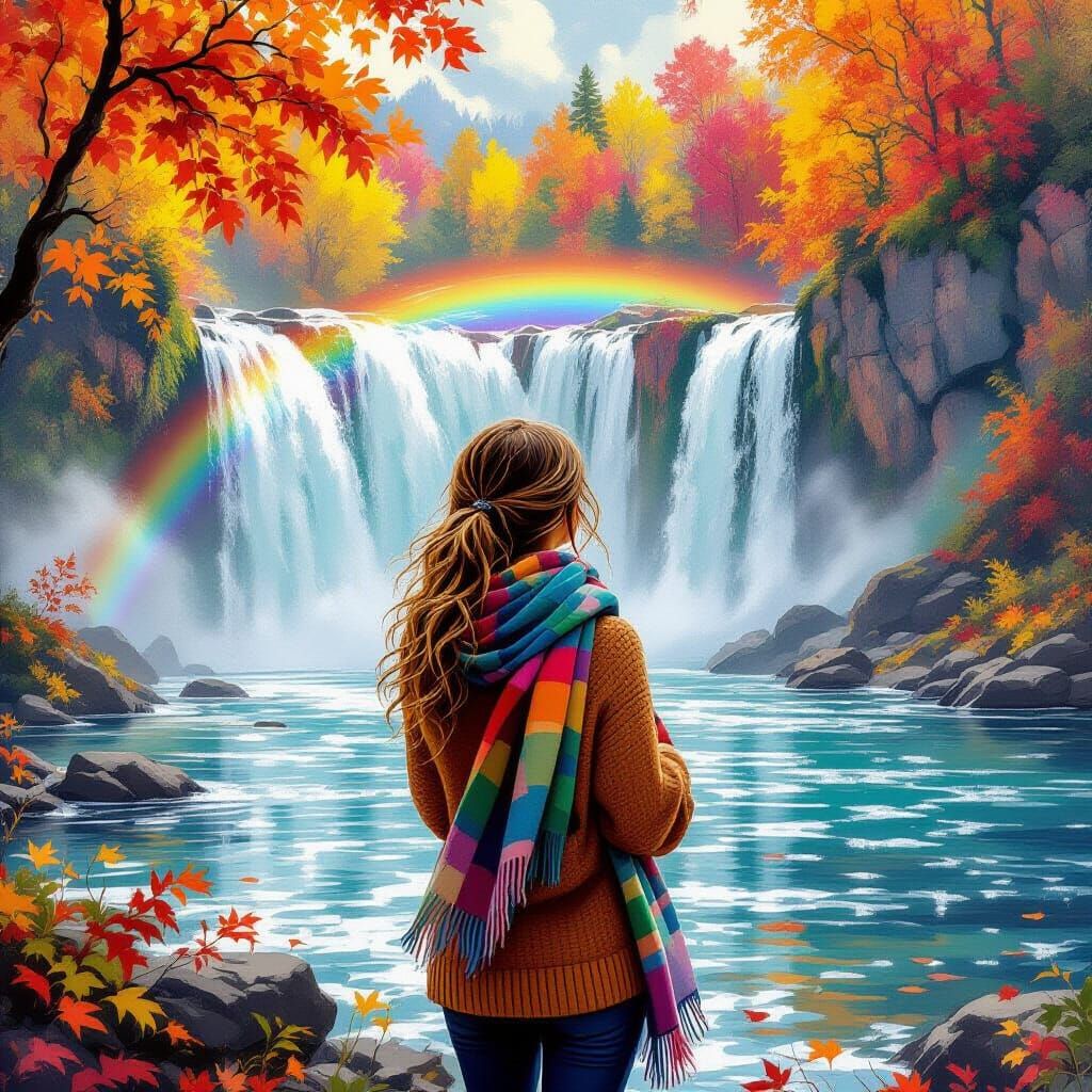 Woman by Waterfalls in Romantic Landscape Painting