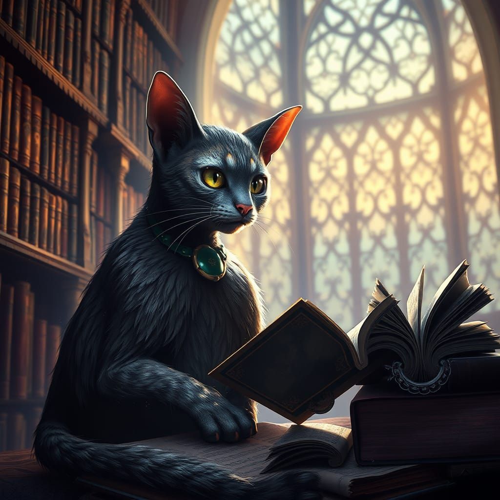 Cat Studying in Library: Detailed Matte Painting