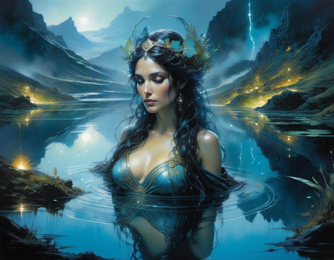 Bioluminescent Greek Goddess Reflects in Mountain Pond