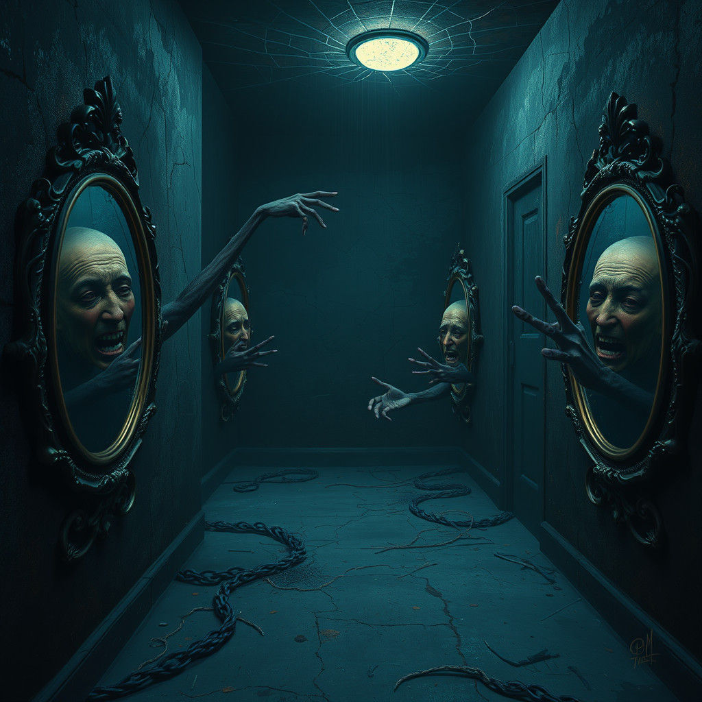 Dark Basement Mirrors Reflect Surreal Anguish