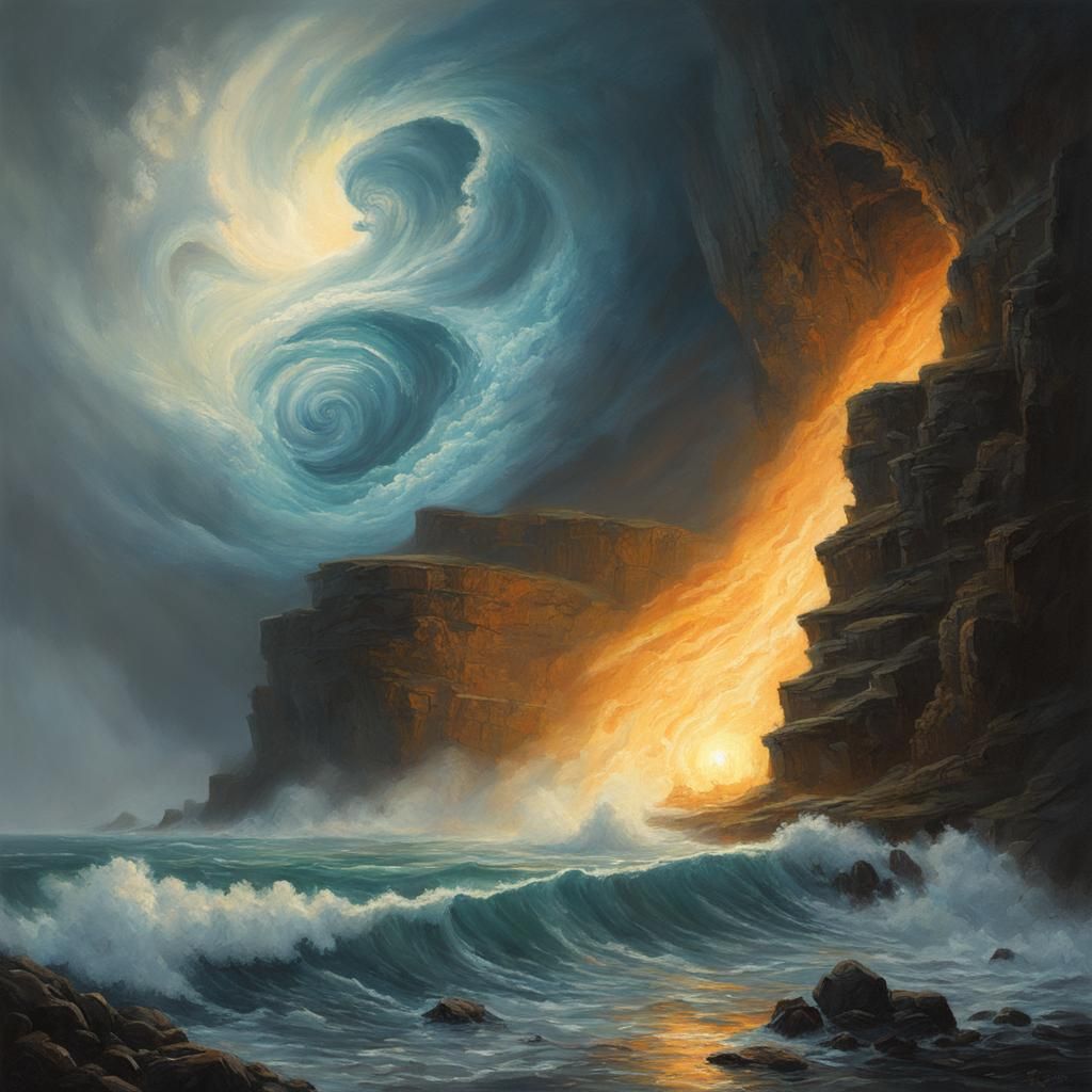 Surreal Dimension Portal on Sea Shore as Oil Painting