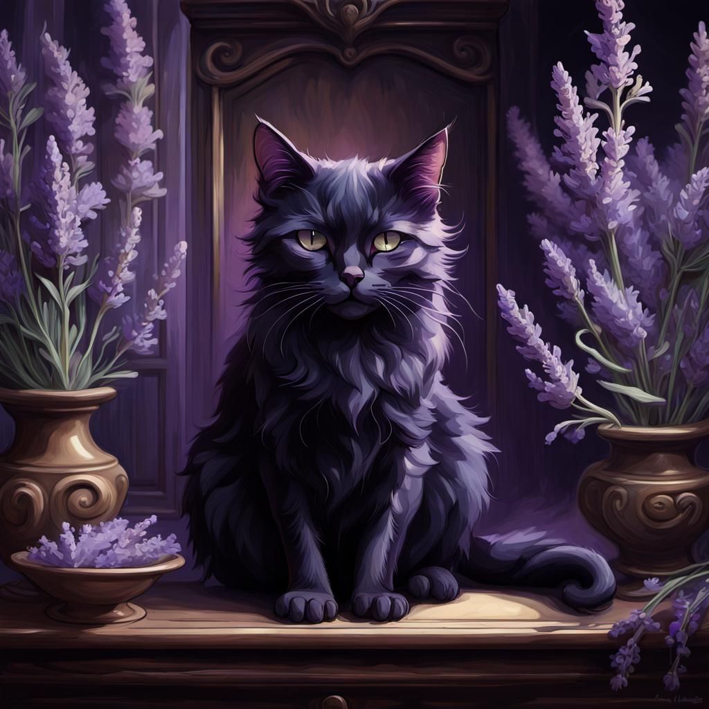Black Cat and Lavender in Dark Fantasy Oil Painting