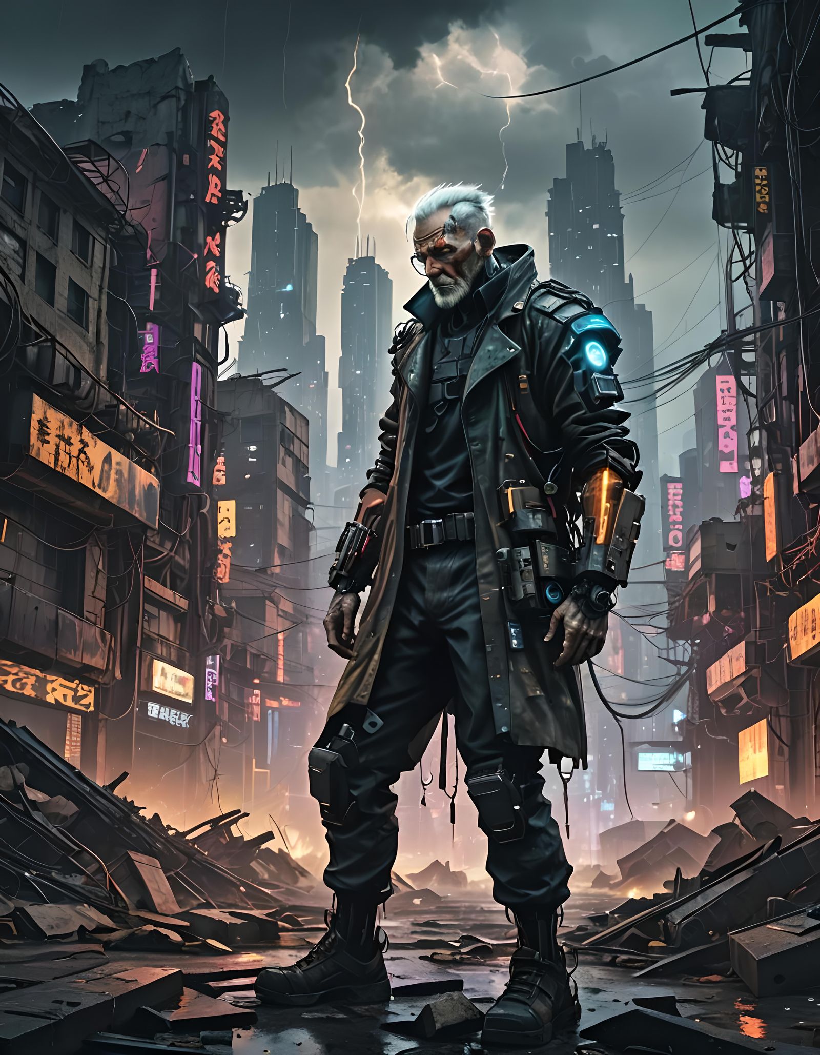 Cyborg Elder in Ruined Metropolis: Hyperrealistic Concept Ar...