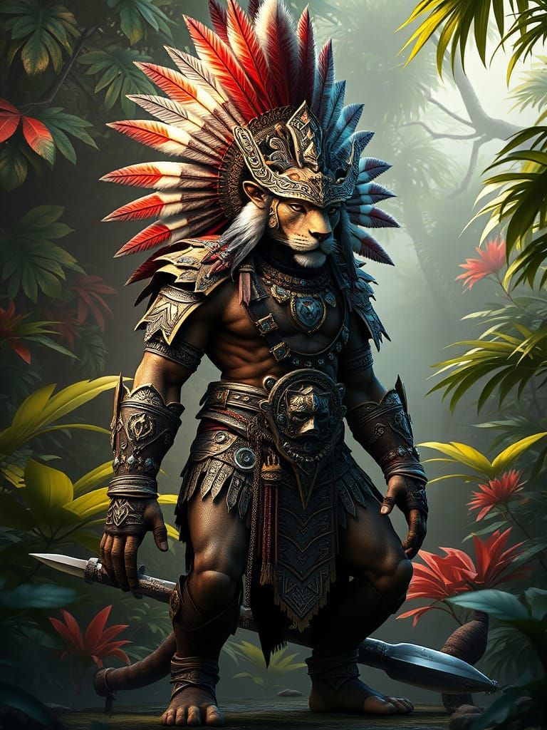 Aztec Jaguar Warrior in Jungle, 3D Anime Art