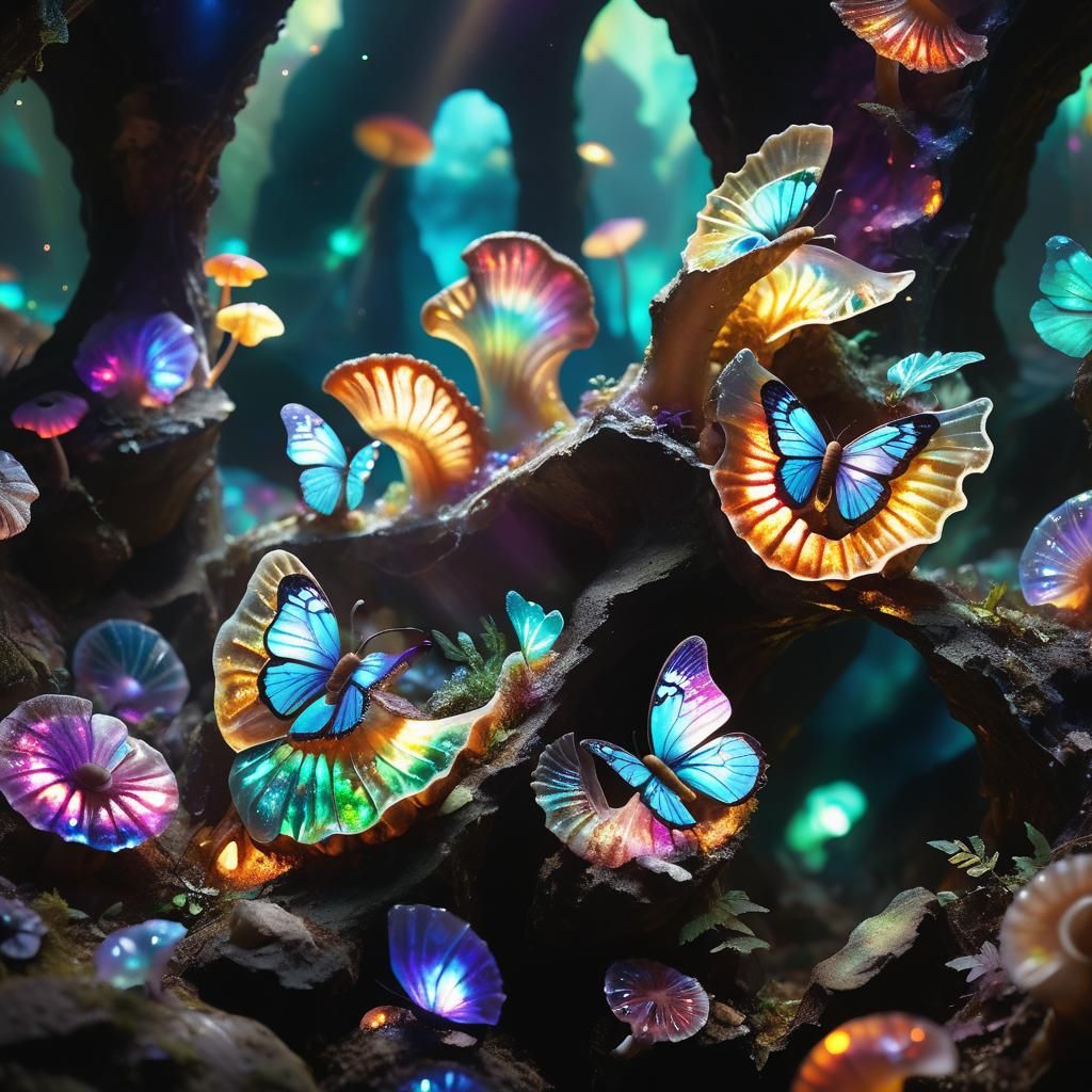 Bioluminescent Butterflies in Crystalline Cavern: Dark Fanta...
