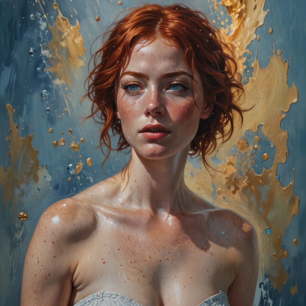 Hyperrealistic Portrait of a Red-Haired Woman as Splash Art