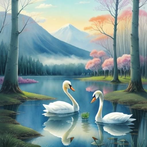 Dreamy Watercolor Swan Landscape by Keiko Tanabe