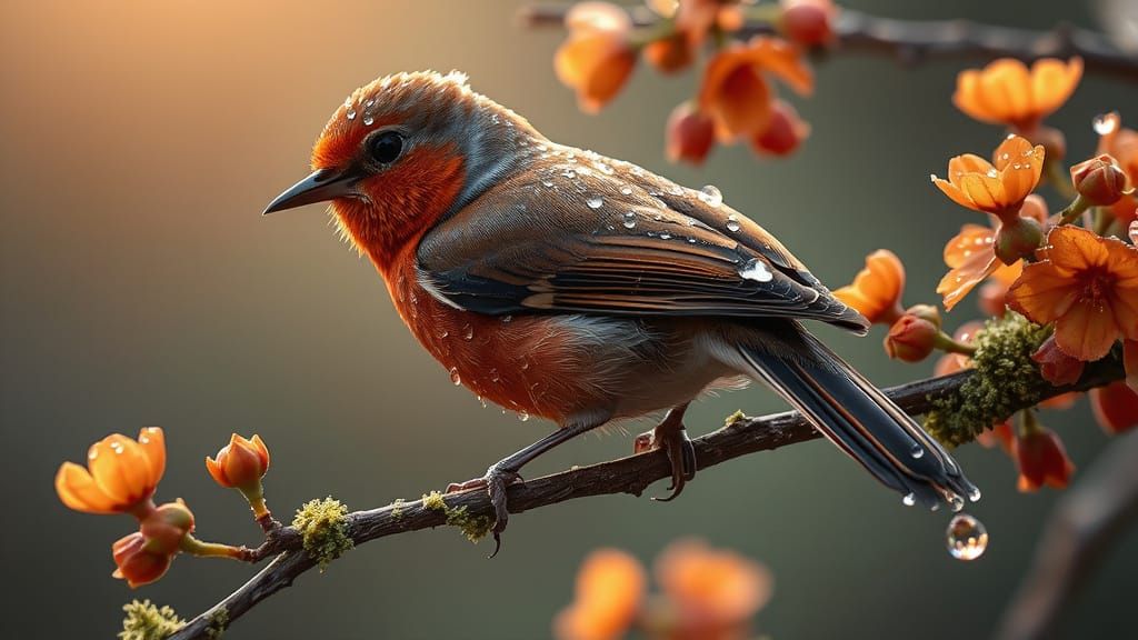Dew-Kissed Bird with Purple and Orange Feathers