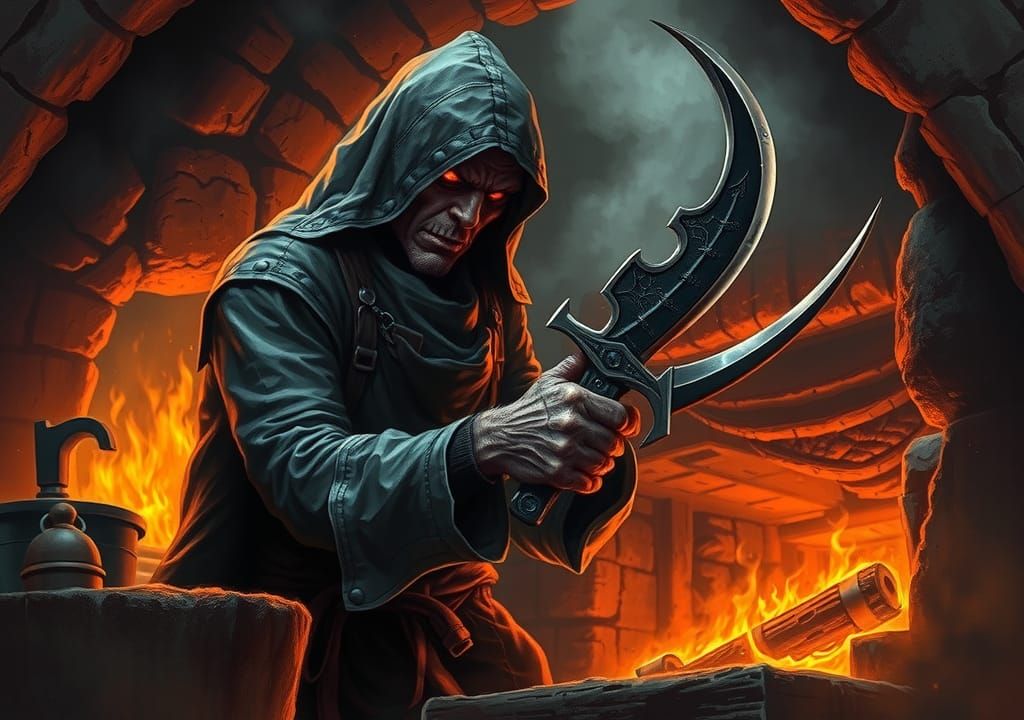 Demonic Blacksmith Forging Blade in Fiery Depths