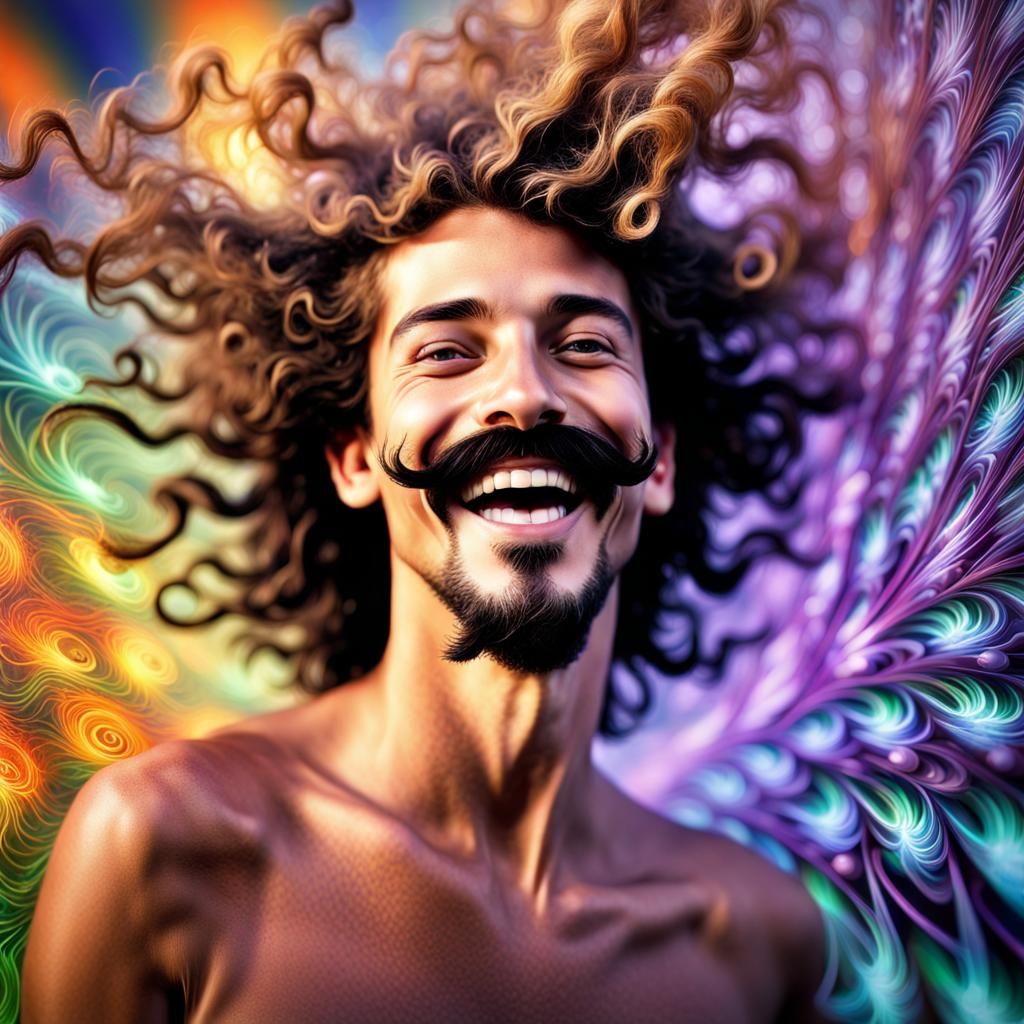 Surreal Macro Photograph of Smiling Man with Fairies