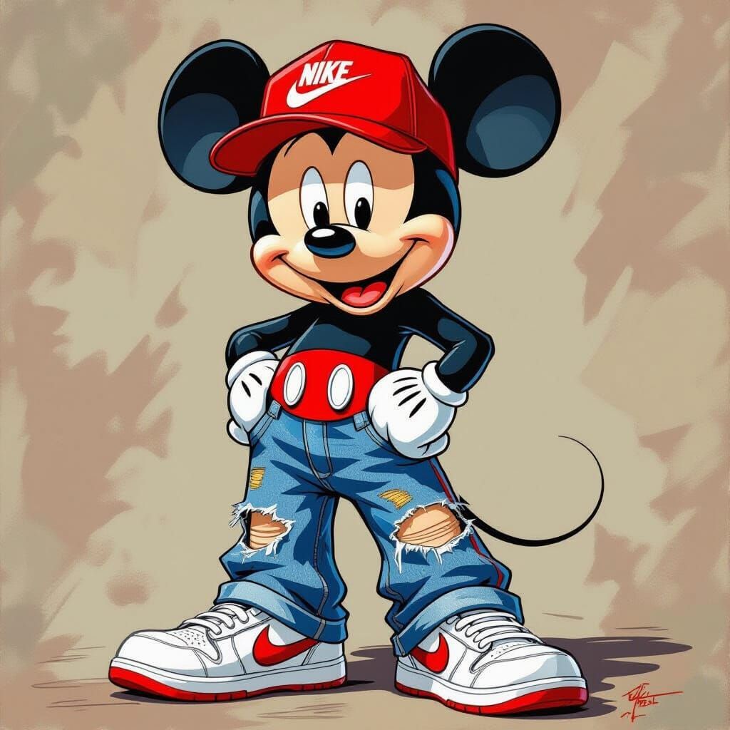 Mickey Mouse in Jeans, Nike Sneakers, and Red Cap
