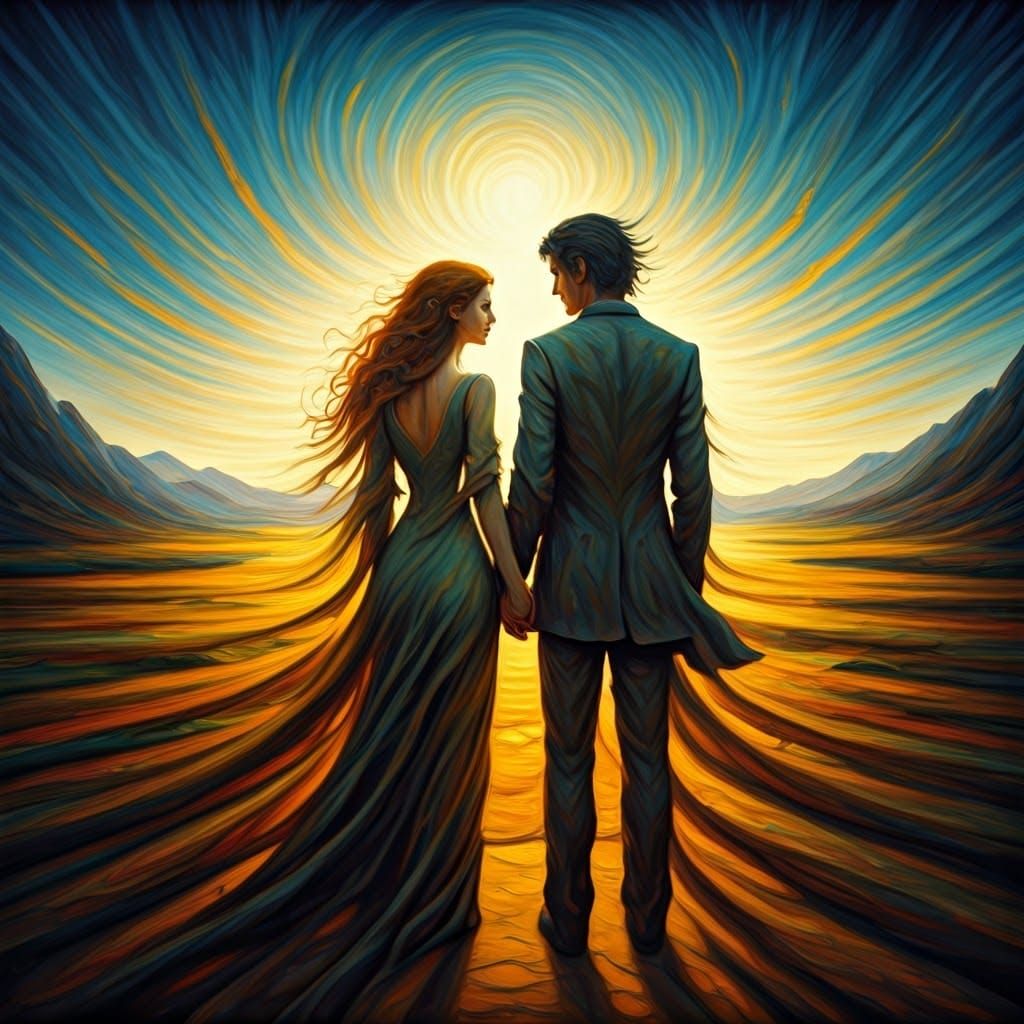 Surreal Lovers Embrace in Dreamlike Oil Painting