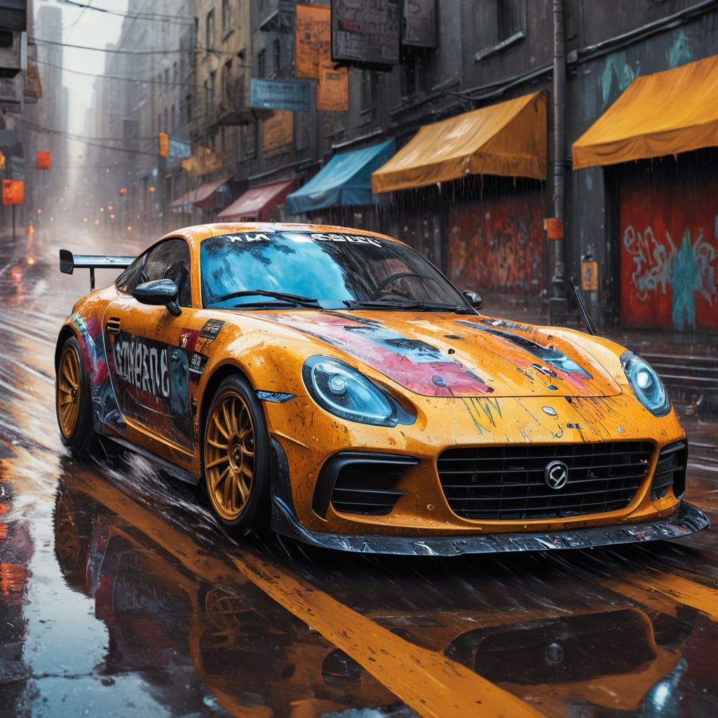 Vibrant Wet City Racing Car in High-Contrast Graffiti Art St...