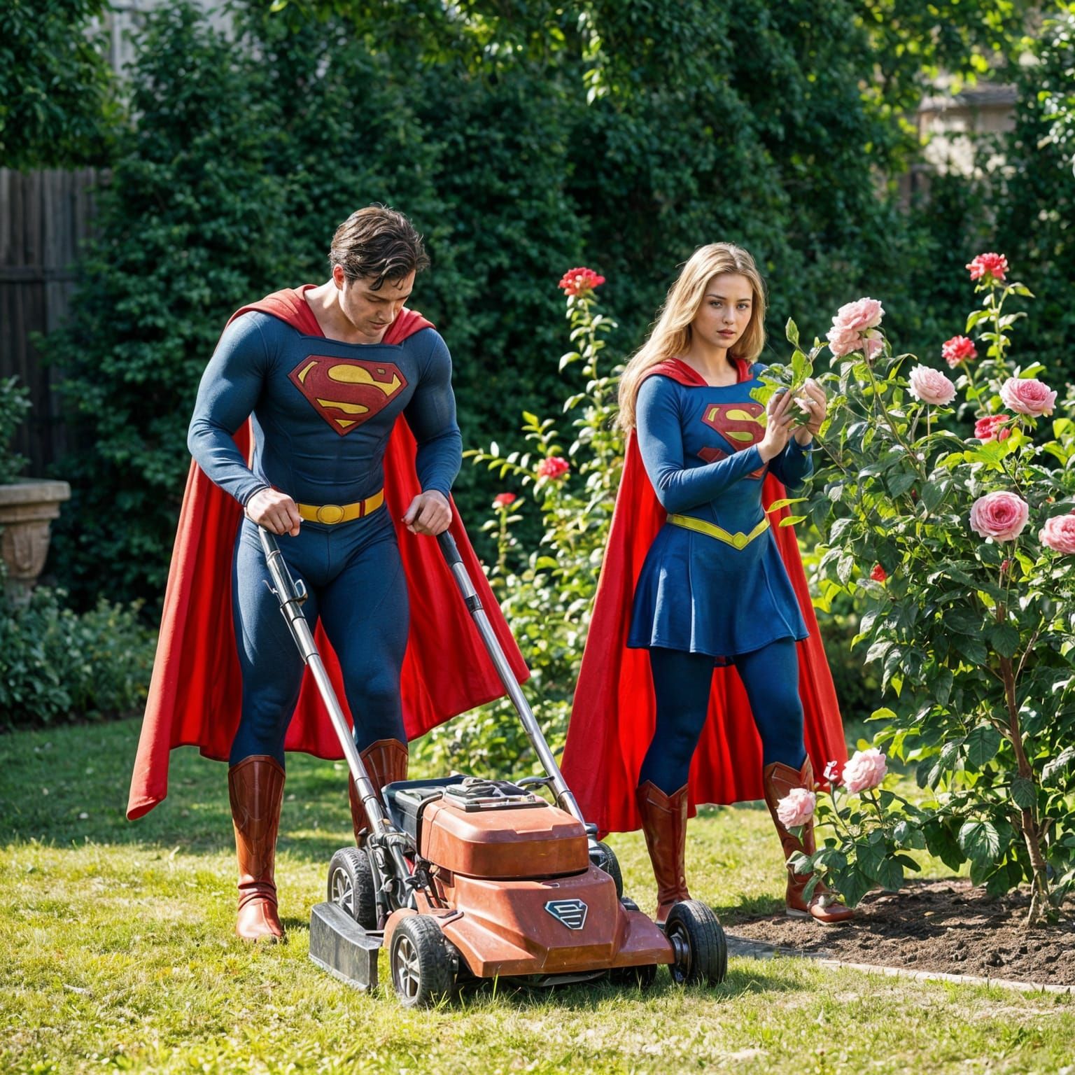 Superman and Supergirl Gardening